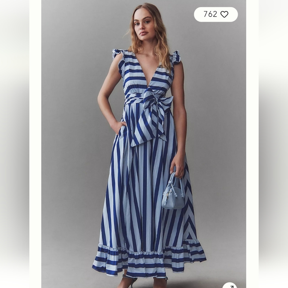 BHLDN Blue and White Striped Maxi Dress with Waist Tie
